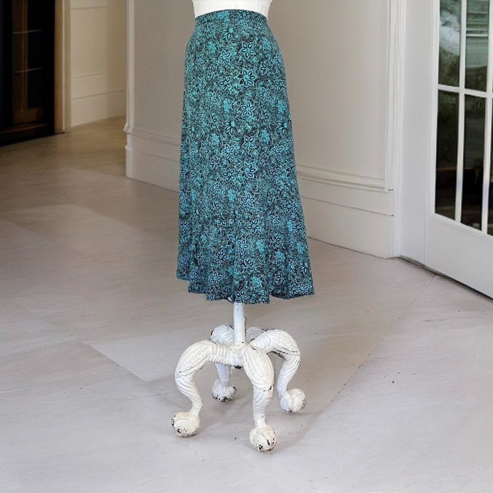 Vintage 90s teal floral long bias cut midi skirt M 6